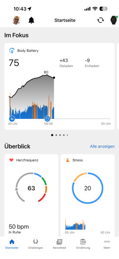 Garmin Connect: die Body Battery auf der Startseite (Bild: Garmin / Screenshot: Golem)